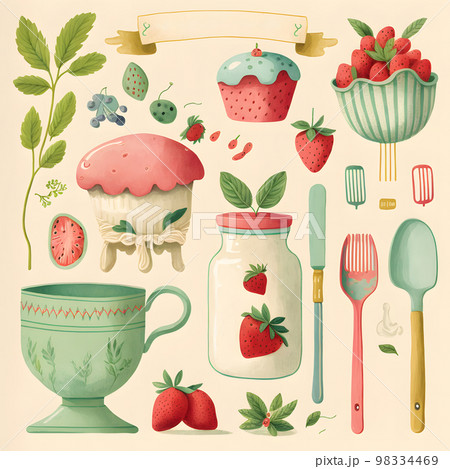 いちごとキッチン用品・食器などを描いたイラスト「AI生成画像」 98334469