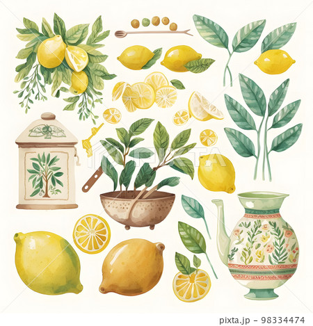 レモンとキッチン用品・食器などを描いたイラスト「AI生成画像」 98334474