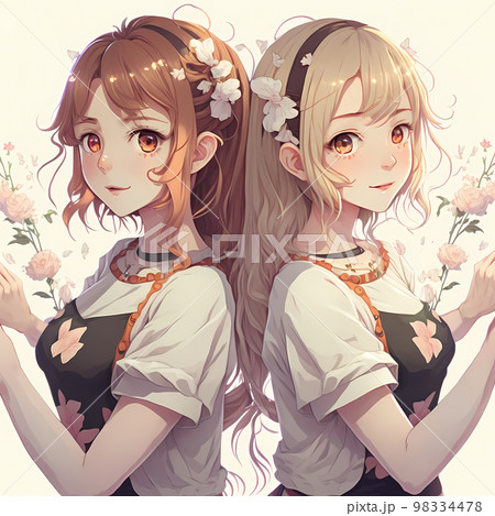 Twin sisters anime-style illustration... - Stock Illustration [98334477] -  PIXTA