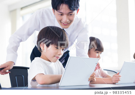 タブレットで学習する子供たちと先生 98335455