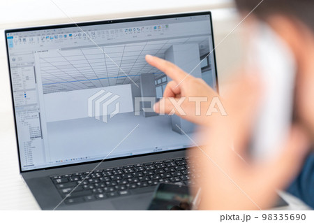 三次元CAD　立体的　3DCG　建築設計　プロジェクト　内観　ビジネスマン　スマホ　打合せ　リモート 98335690