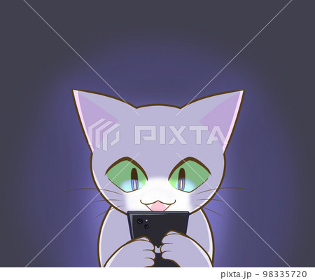 暗闇でスマホを見る猫 98335720
