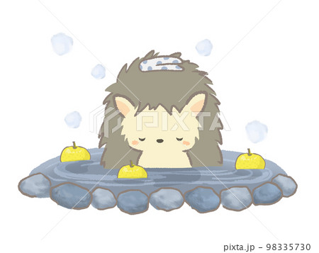 温泉に入るハリネズミのイラスト　線あり 98335730