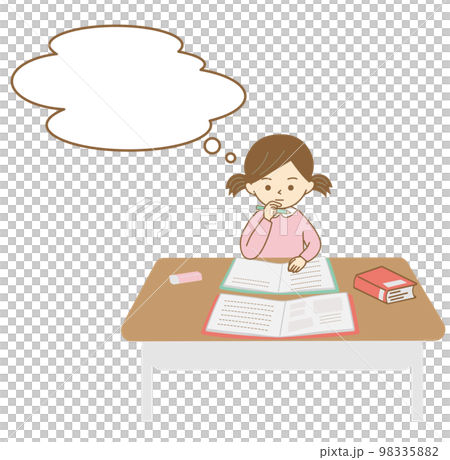 A girl holding a pencil and thinking with her hand on her chin (with a balloon) A girl holding a pencil and thinking with her hand on her chin (with a balloon) 98335882