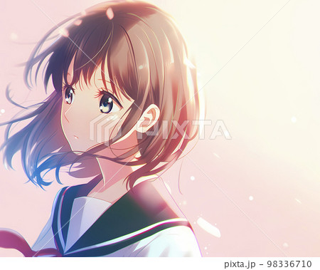 横顔の女学生イラスト　桜舞う季節　アニメ風イラスト「AI生成画像」 98336710