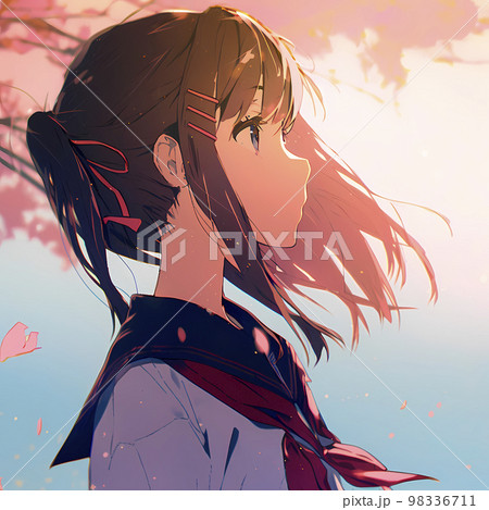 横顔の女学生イラスト 桜舞う季節 アニメ風イラスト「AI生成画像
