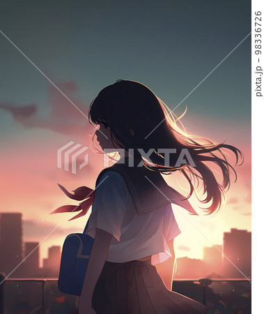 都会のビル　夕日　女子高生「AI生成画像」 98336726