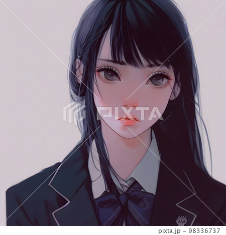 真正面の女学生　黒髪ロング　アニメ風イラスト「AI生成画像」 98336737