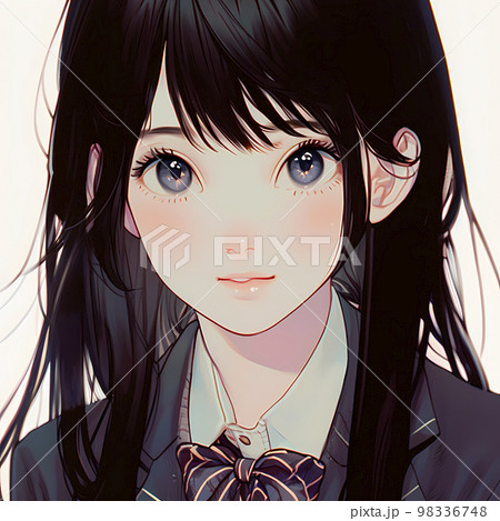 真正面の女学生 黒髪ロング アニメ風イラスト「AI生成画像」のイラスト