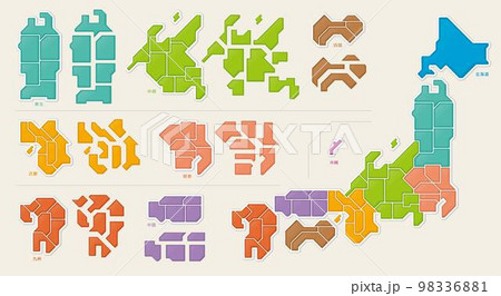 日本地図　色分け　パズルのような　立体的な　バラバラになる 98336881