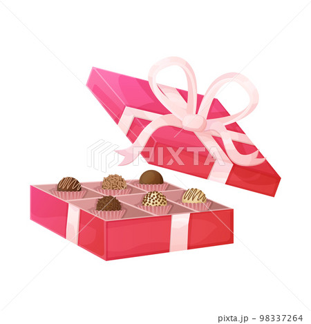 Red cartoon box of chocolates. Truffle confection, valentine gift concept. Stock vector illustration isolated on white background in realistoc style. Red cartoon box of chocolates. Truffle confection, valentine gift concept. Stock vector illustration isolated on white background in realistoc style. 98337264