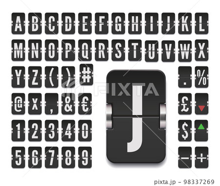Airport terminal mechanical scoreboard font for stock exchange rates or departure information. Vector illustration. Airline flip board bold alphabet for financial markets info 98337269