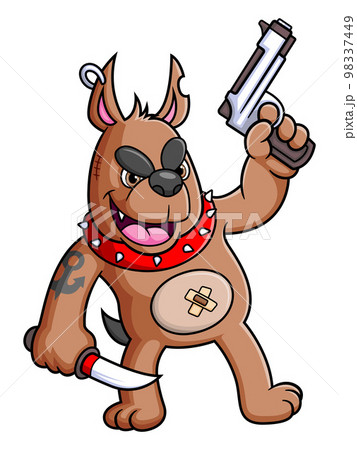 The robber dog holding gun and knife of illustration The robber dog holding gun and knife of illustration 98337449