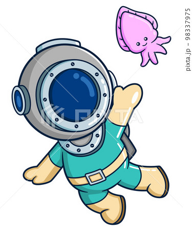 The diver playing with cute cuttlefish of illustration The diver playing with cute cuttlefish of illustration 98337975