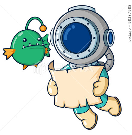 The funny diver reads a map with an angler fish of illustration The funny diver reads a map with an angler fish of illustration 98337988