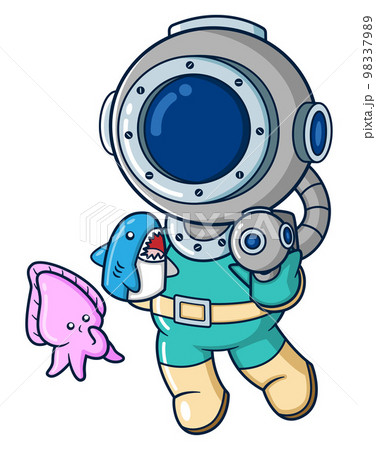 The diver tells a shark story to a cuttlefish while playing of illustration 98337989