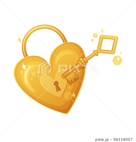 Gold heart shaped lock and golden key. Valentine day, romantic feelings, wedding symbol concept. Stock vector illustration isolated on white background. 98338007