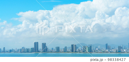 panoramic landscape scenery of Danang city, Vietnam. along coastline at Son Tra peninsula panoramic landscape scenery of Danang city, Vietnam. along coastline at Son Tra peninsula 98338427