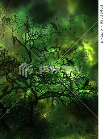 不穏で不気味な暗い緑の森の風景イラスト 98338463