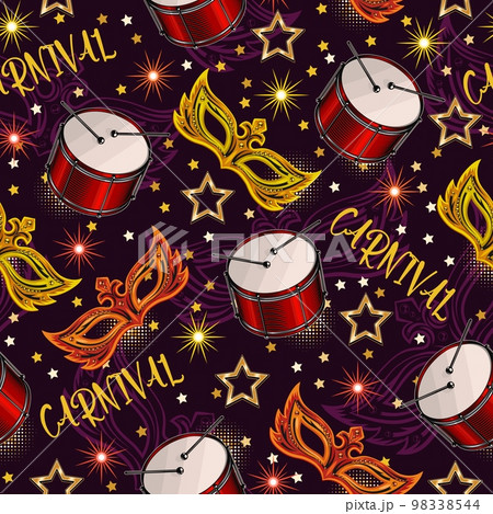 Pattern with carnival mask, drums, stars, text, round halftone shapes. Outline mask behind. Detailed vintage illustration for prints, apparel, clothing, surface design Pattern with carnival mask, drums, stars, text, round halftone shapes. Outline mask behind. Detailed vintage illustration for prints, apparel, clothing, surface design 98338544