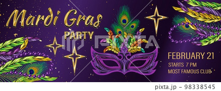 Horizontal carnaval purple banner with mask, feathers, golden text. Template for Mardi Gras carnival, party in vintage style. Illustration inside of clipping mask. Detailed illustration Horizontal carnaval purple banner with mask, feathers, golden text. Template for Mardi Gras carnival, party in vintage style. Illustration inside of clipping mask. Detailed illustration 98338545