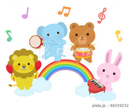 虹の上で色々な楽器を演奏する動物たち　演奏会　イラスト 98339232