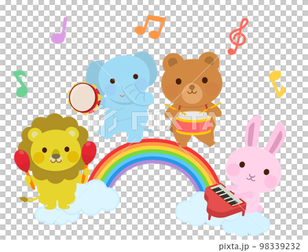 虹の上で色々な楽器を演奏する動物たち　演奏会　イラスト 98339232