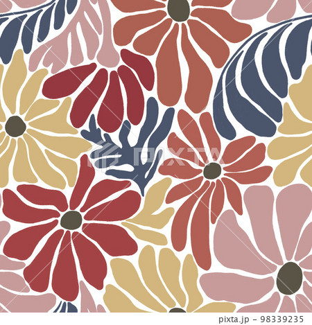 Beautiful old style 50s 70s retro floral seamless pattern with colorful flowers. Stock illustration. 98339235