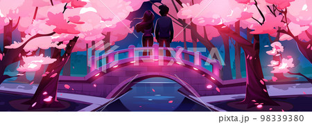 Love couple on bridge in night park with sakura 98339380
