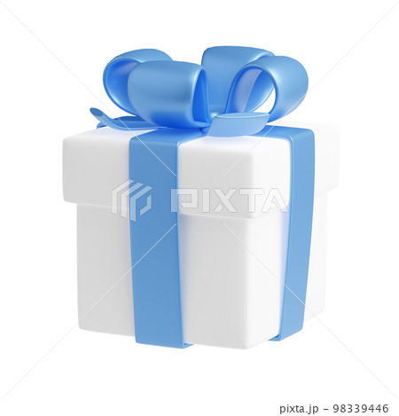 3D render white gift box with blue ribbon, package 98339446