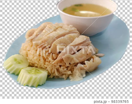 Hainanese chicken rice served on a plate with soup 98339765