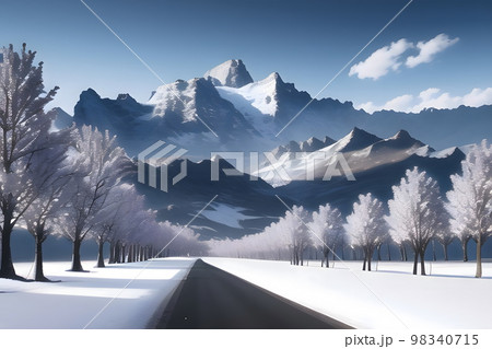 雪山と桜の木々 98340715