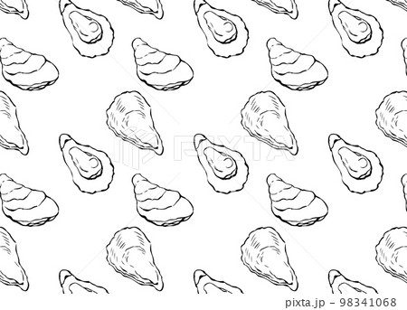 殻付き牡蠣のイラスト_シームレスパターン背景モノクロ横 98341068