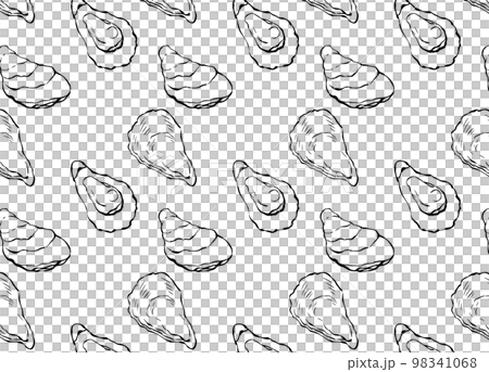 殻付き牡蠣のイラスト_シームレスパターン背景モノクロ横 98341068