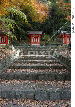 紅葉が降り積もる石段の上の小さな三つの朱塗りの社・岡山市・吉備津神社 紅葉が降り積もる石段の上の小さな三つの朱塗りの社・岡山市・吉備津神社 98341252