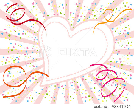 ピンク色のハートのフレーム、周りを舞う紙吹雪やリボン、集中線の背景・壁紙 98341934