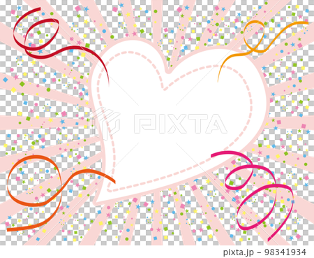 ピンク色のハートのフレーム、周りを舞う紙吹雪やリボン、集中線の背景・壁紙 98341934