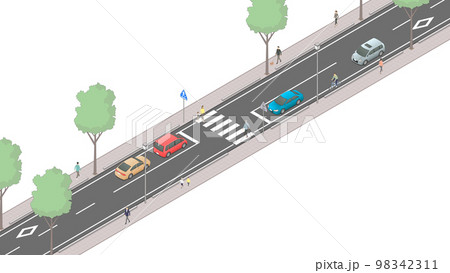 アイソメトリック図法で描いた日本の横断歩道イメージ[A1]（無地）+歩行者 98342311