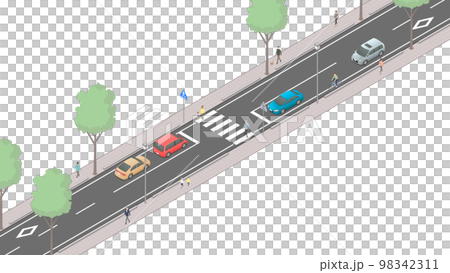 アイソメトリック図法で描いた日本の横断歩道イメージ[A1]（無地）+歩行者 98342311