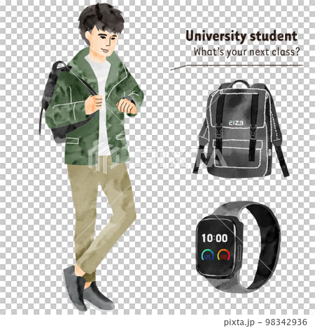 Male college student looking at a watch Male college student looking at a watch 98342936