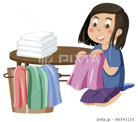 Woman folding clothes and fabrics 98343135