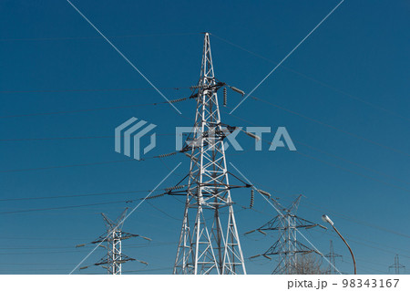 Electricity voltage high energy power technology electrical tower industry line electric blue sky Electricity voltage high energy power technology electrical tower industry line electric blue sky 98343167