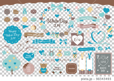 白色情人節插圖和框架集/款待、心、絲帶、裝飾框架、禮物、矢量 98343493