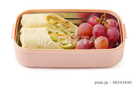Healthy food delivery in take away box isolated on white background Healthy food delivery in take away box isolated on white background 98343690