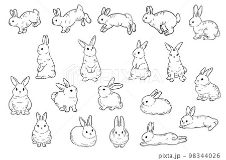レトロなウサギの線画イラスト素材セット レトロなウサギの線画イラスト素材セット 98344026