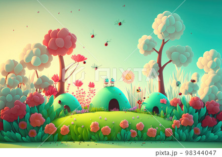 Cute imagination animal plant and flower with colorful color in spring season background. Use for Kid or baby book ,etc Cute imagination animal plant and flower with colorful color in spring season background. Use for Kid or baby book ,etc 98344047