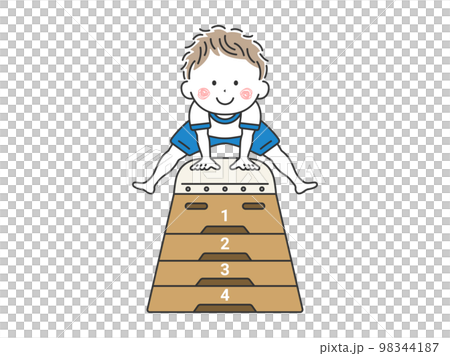 一個穿著運動服的男孩在駕駛跳馬箱的插圖 98344187