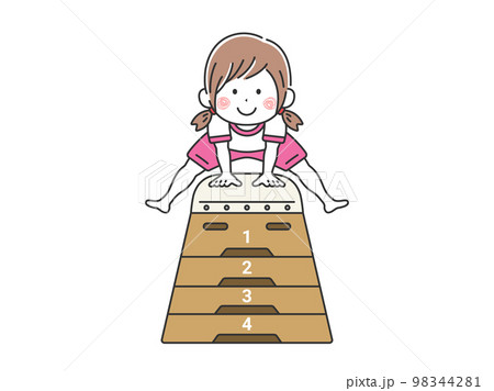 跳び箱を飛ぶ、体操服を着た、女の子のイラスト 98344281
