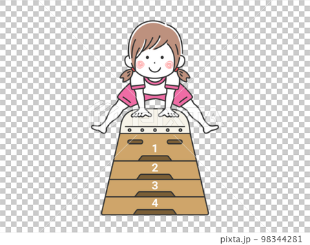 跳び箱を飛ぶ、体操服を着た、女の子のイラスト 98344281