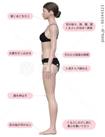 正しい姿勢と立ち方の女性 ナチュラルで自然な日本人3Dモデル女性のイラスト 98344323